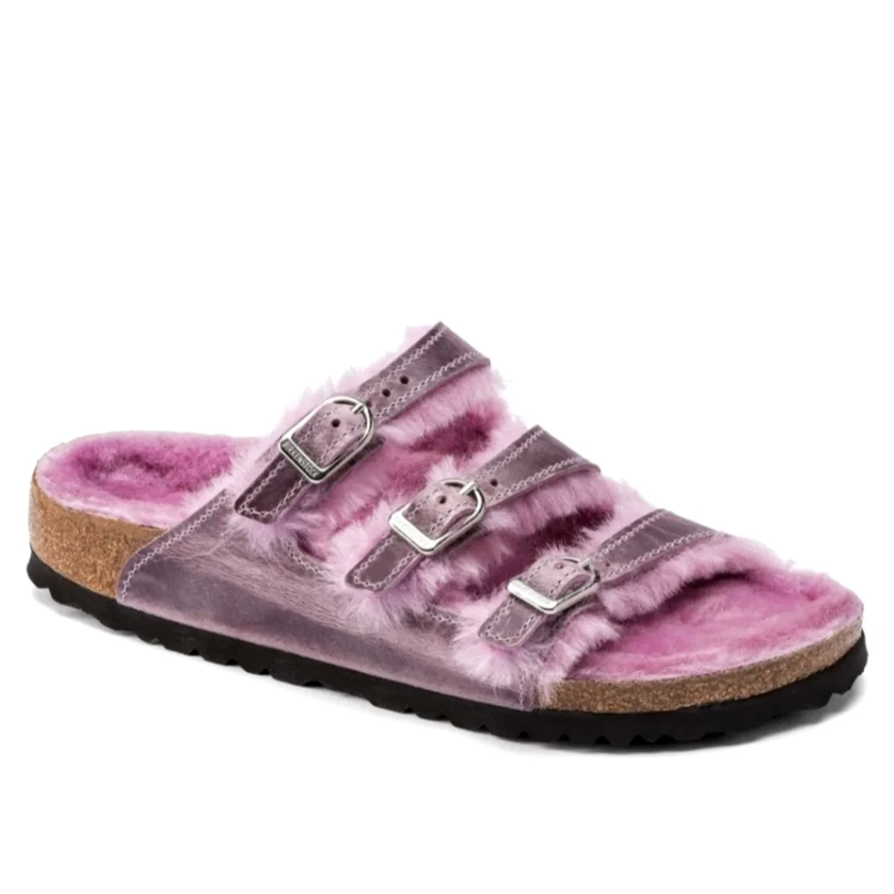 NEW Birkenstock Florida Shearling Oiled Leather Sandal in Lavander $160